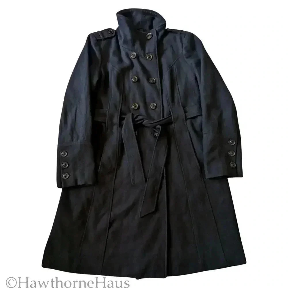 GUESS Black Double Breasted Wool Blend Pea Coat Size L Military Standing Collar